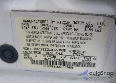 2005 Nissan Sentra 1.8S z USA, uszkodzony, nr VIN 3N1CB51D65L553805